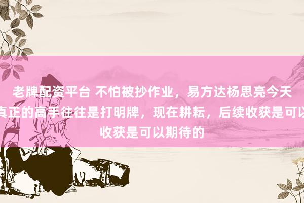 老牌配资平台 不怕被抄作业，易方达杨思亮今天发声：真正的高手往往是打明牌，现在耕耘，后续收获是可以期待的